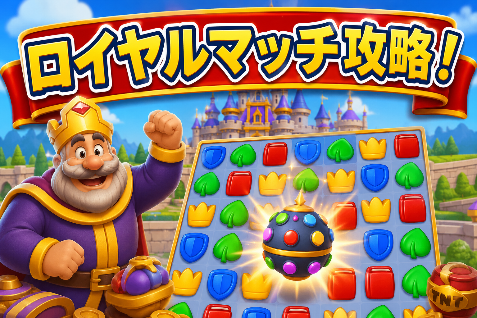 ロイヤルマッチの王様キャラクターとパズルボード・お城を描いた攻略タイトルカード画像