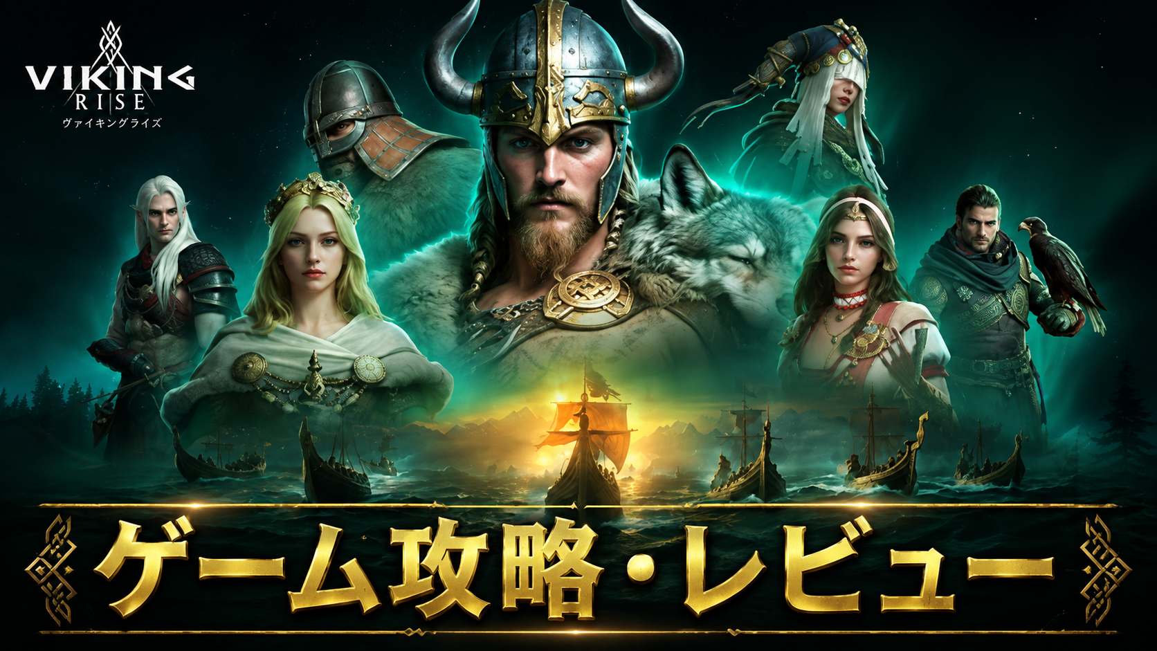 角兜の戦士や仲間、船団が描かれたヴァイキング風タイトルカード画像