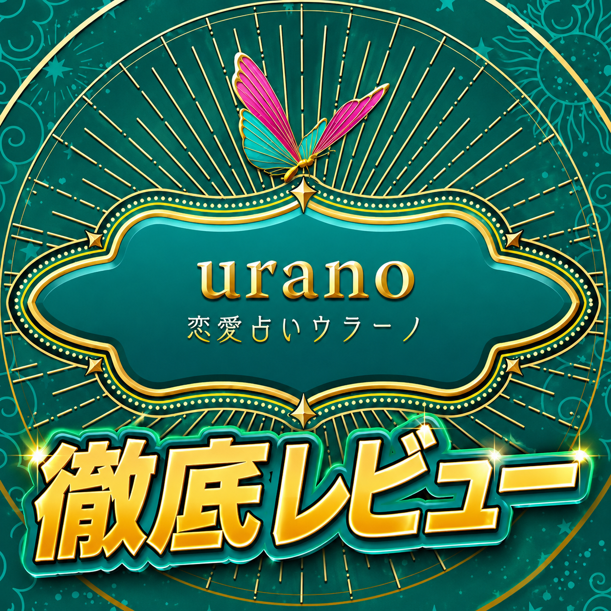 深緑と金の装飾に蝶をあしらったurano恋愛占いのタイトルカード画像