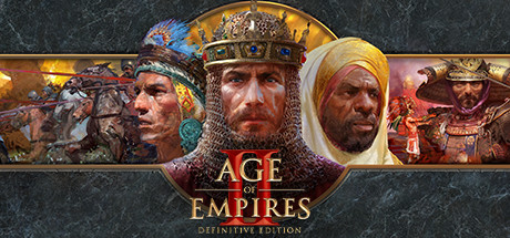 Age of Empires II: Definitive Edition のキーアート、歴代文明の指導者たちが並ぶロゴ入りヘッダー画像