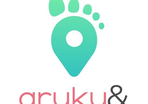 aruku&のアプリアイコン。足跡とピンのイラストにaruku&のロゴ文字