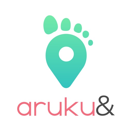aruku&のアプリアイコン。足跡とピンのイラストにaruku&のロゴ文字