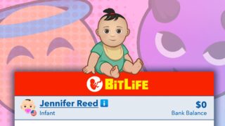 BitLife - Life Simulatorのロゴと誕生したばかりのキャラクター画面