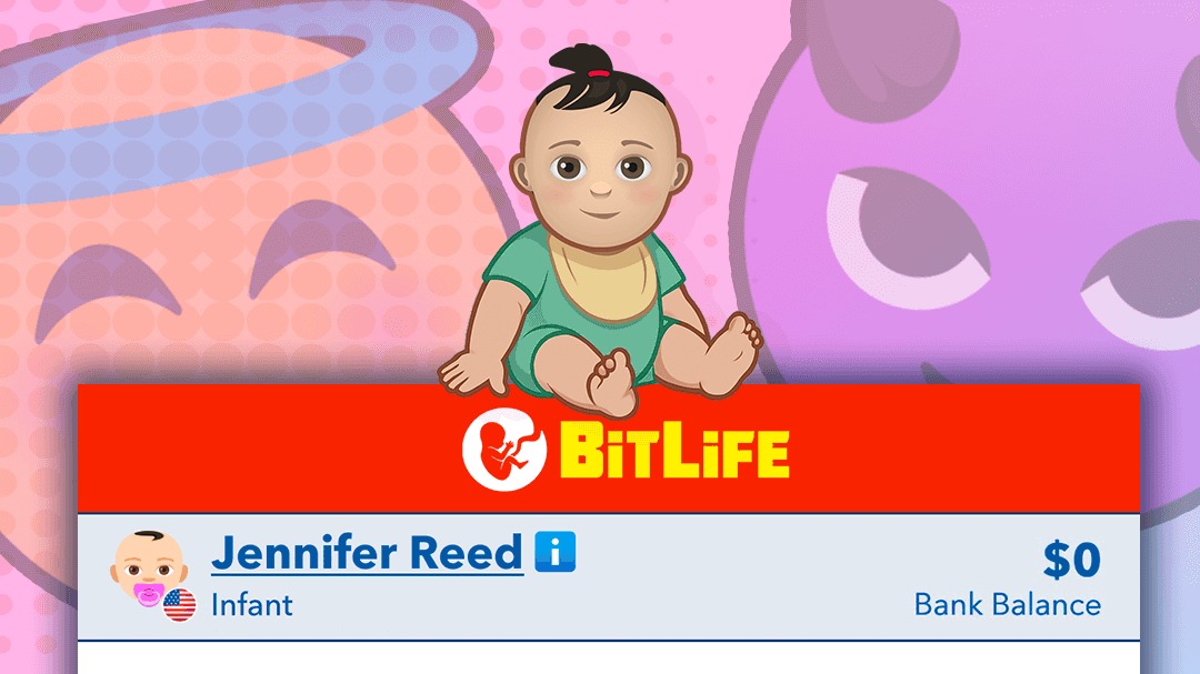 BitLife - Life Simulatorのロゴと誕生したばかりのキャラクター画面