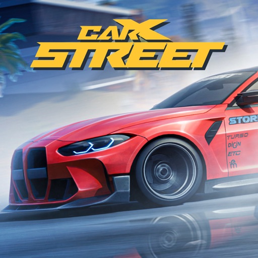 CarX Streetのタイトルロゴと赤いカスタムマシン