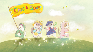 『猫とスープ(Cats & Soup)』のタイトルロゴが描かれた、4匹の猫が旗を掲げて歩くイラスト