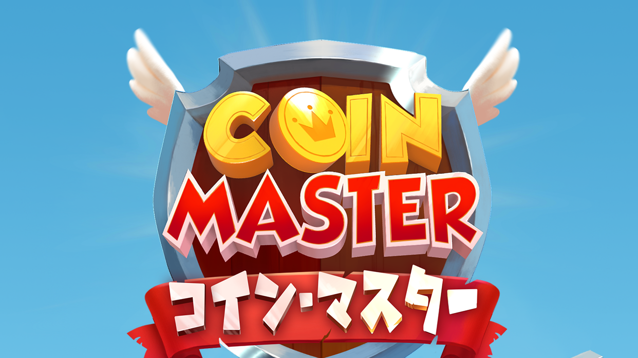 Coin Master(コインマスター)のタイトルロゴ、金貨袋の紋章とバイキングの盾デザイン