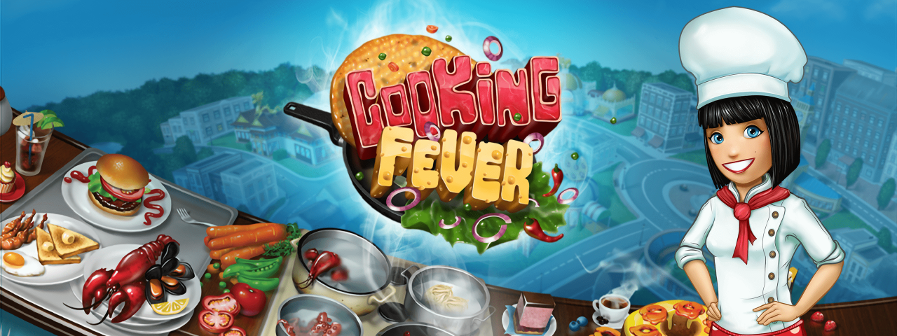 クッキングフィーバー(Cooking Fever)の公式タイトルロゴバナー、料理人キャラクターと共に表示