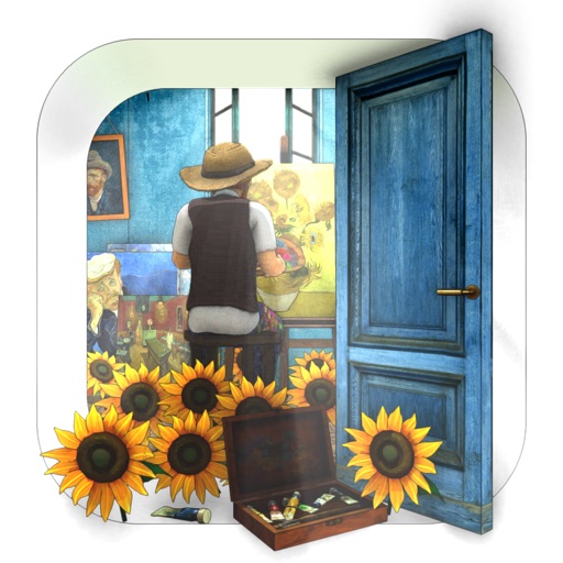 脱出ゲーム 1888 ~アルルの部屋からの脱出~ アプリアイコン ゴッホと向日葵とアトリエのイラスト