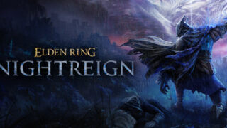 ELDEN RING NIGHTREIGNのキーアート。青い炎をまとった夜渡りが荒野で戦いに挑む姿とタイトルロゴ