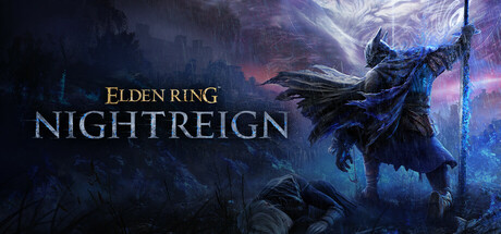 ELDEN RING NIGHTREIGNのキーアート。青い炎をまとった夜渡りが荒野で戦いに挑む姿とタイトルロゴ
