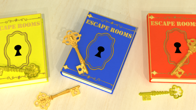 脱出ゲーム EscapeRoomsのイメージ、鍵と鍵穴が描かれた黄・青・赤の3冊の本