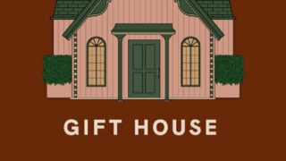 GIFT HOUSEのタイトル画面。夜空の下に建つピンクとグリーンのおうちとNEW GAMEボタン