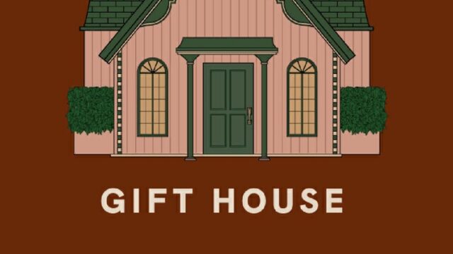 GIFT HOUSEのタイトル画面。夜空の下に建つピンクとグリーンのおうちとNEW GAMEボタン