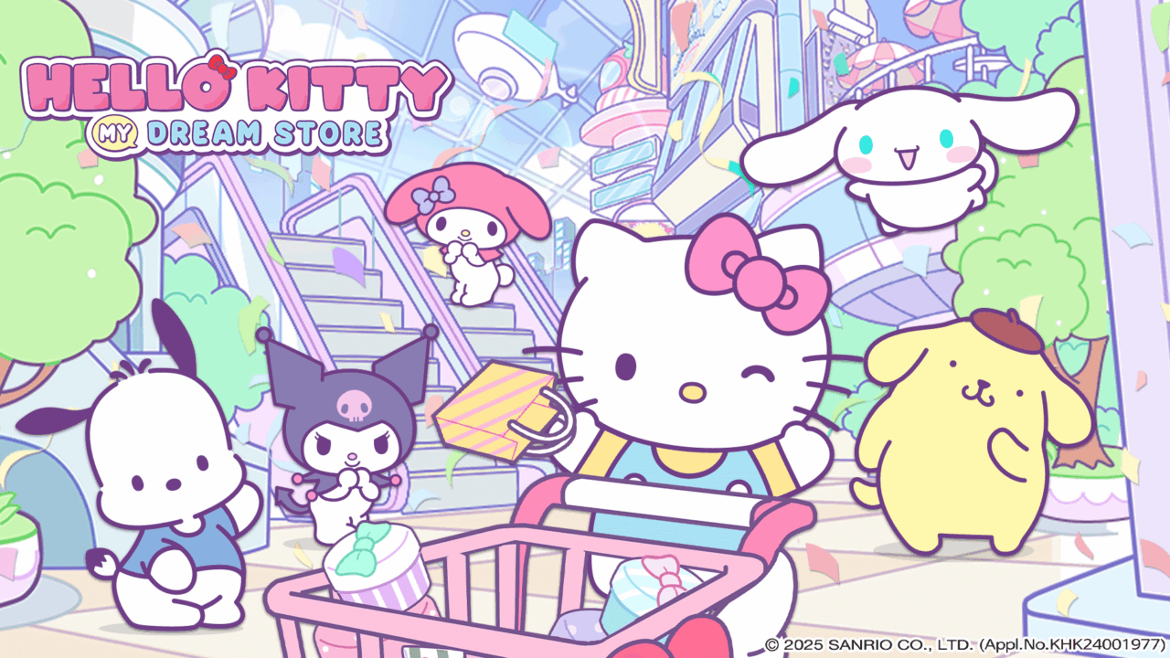 ハローキティ：マイドリームストアの公式ビジュアル、ハローキティやマイメロディ、クロミ、シナモロールたちがショッピングモールに集合しているイラスト