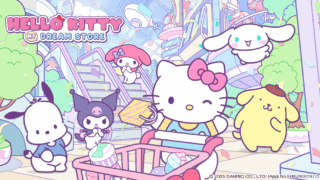 ハローキティ：マイドリームストアの公式ビジュアル、ハローキティやマイメロディ、クロミ、シナモロールたちがショッピングモールに集合しているイラスト