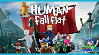 HUMANのタイトルロゴが入ったヒューマン フォール フラットのキーアート、バイキング船とふにゃふにゃキャラクターたち
