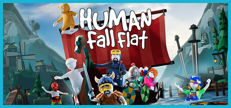 HUMANのタイトルロゴが入ったヒューマン フォール フラットのキーアート、バイキング船とふにゃふにゃキャラクターたち