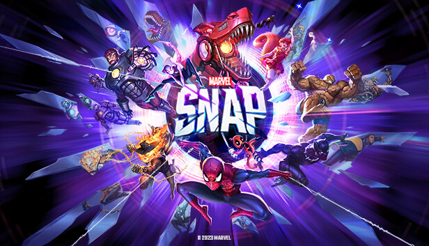 MARVEL SNAP(マーベル・スナップ)のタイトルロゴとマーベルキャラクターが集結したキービジュアル