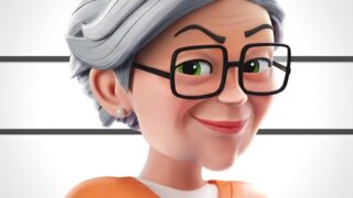 マージマンションのアプリアイコン、おばあちゃんキャラクターのマグショット風イラスト