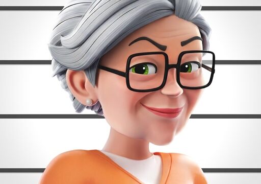 マージマンションのアプリアイコン、おばあちゃんキャラクターのマグショット風イラスト