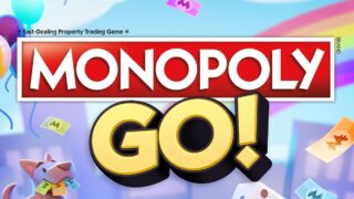 MONOPOLY GO!のタイトルロゴ画面、Mr.モノポリーとバルーンが描かれたイメージ