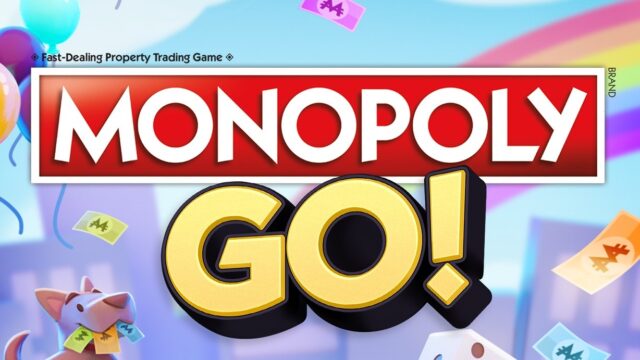 MONOPOLY GO!のタイトルロゴ画面、Mr.モノポリーとバルーンが描かれたイメージ