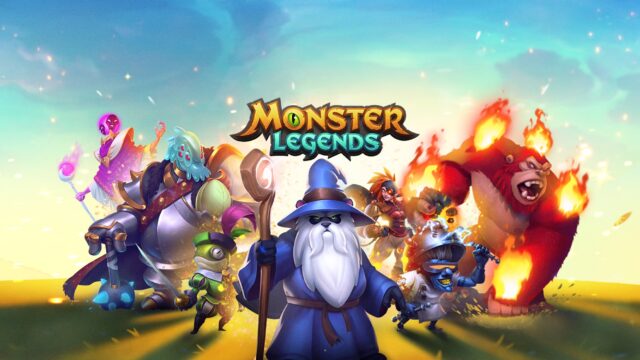 Monster Legends(モンスターの伝説)のタイトルロゴと、炎のゴリラ型モンスターなど複数のキャラクターが並ぶ公式プロモーション画像