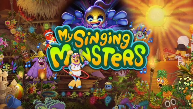 My Singing Monstersのタイトルロゴと南国風の島に集まるカラフルなモンスターたち