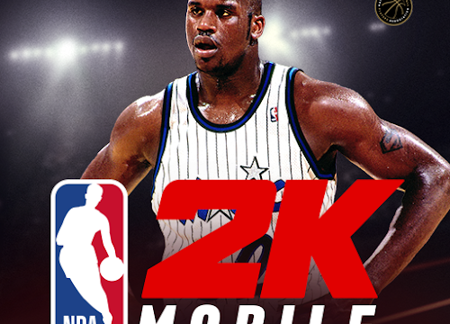 NBA 2K Mobileのタイトルロゴ、NBAロゴとシャキール・オニール選手をあしらった公式アートワーク