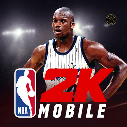 NBA 2K Mobileのタイトルロゴ、NBAロゴとシャキール・オニール選手をあしらった公式アートワーク