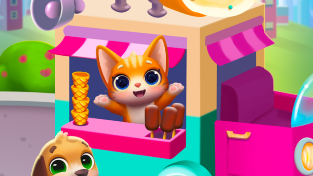 Pet Rescue Sagaのタイトルロゴと、猫や犬のキャラクターが描かれたアイスクリームトラックのイラスト