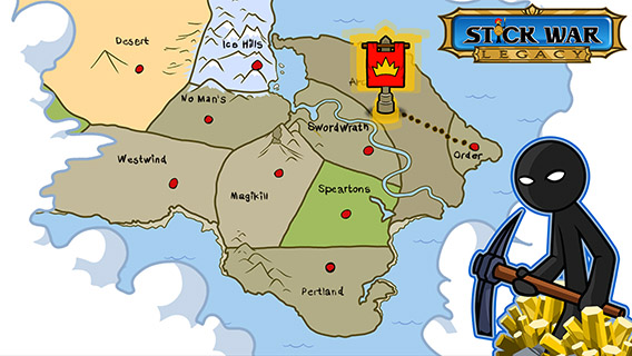 Stick War: Legacyの公式ロゴとイナモルタの世界地図が入ったタイトルカード画像