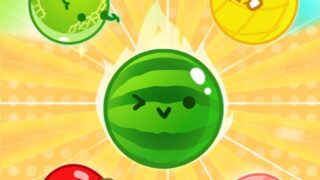 スイカゲーム（Suika Game）のタイトル画面。ロゴとフルーツのキャラクターたち