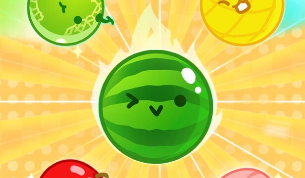スイカゲーム（Suika Game）のタイトル画面。ロゴとフルーツのキャラクターたち