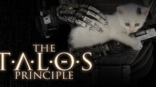 The Talos Principleのロゴと、ロボットの手に抱かれる白い子猫が描かれたキーアート