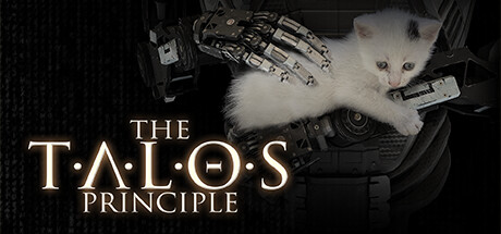 The Talos Principleのロゴと、ロボットの手に抱かれる白い子猫が描かれたキーアート