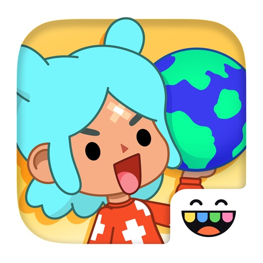 Toca Life World（Toca Boca World）のアプリアイコン、青い髪のキャラが地球儀を持っている