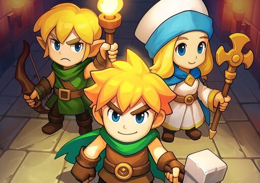 トップヒーローズ（Top Heroes）のアプリアイコン、弓使いと剣士と回復役のヒーロー3人