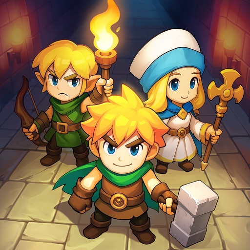 トップヒーローズ（Top Heroes）のアプリアイコン、弓使いと剣士と回復役のヒーロー3人
