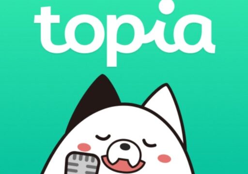 topiaアプリのアイコン、マイクを持つ猫のキャラクターとtopiaのロゴ