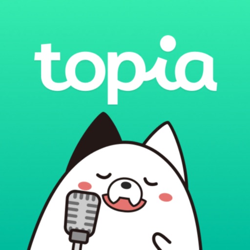 topiaアプリのアイコン、マイクを持つ猫のキャラクターとtopiaのロゴ