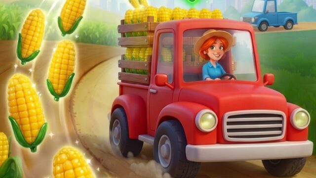 タウンシップのタイトルロゴと農場・配送トラックのイラスト