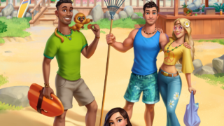 トラベルタウン(Travel Town)マージアドベンチャーのタイトルロゴと、旅人4人とウミガメが描かれたビーチのアートワーク