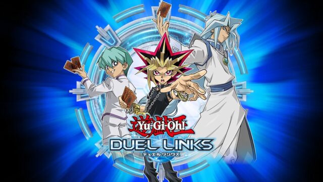 遊戯王 デュエルリンクスの公式キービジュアル、闇遊戯たちとゲームロゴ