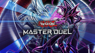 遊戯王 マスターデュエルのロゴとブルーアイズ・ホワイト・ドラゴン、ブラック・マジシャンのキービジュアル