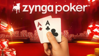 Zynga Poker - Texas Holdemのタイトルロゴとポーカーチップ、フェアプレイ認定のイメージ画像