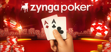 Zynga Poker - Texas Holdemのタイトルロゴとポーカーチップ、フェアプレイ認定のイメージ画像