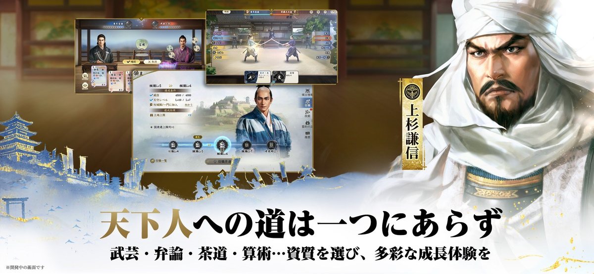 信長の野望 真戦の育成画面。役職の昇進条件と、武芸・弁論など資質を選んで成長させる仕組みが並ぶ